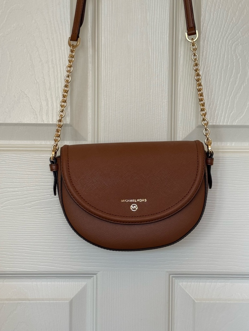 Michael Kors Chestnut Brown Leather Crossbody Saddle Bag with Gold Chain